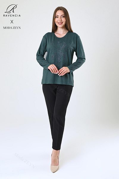 Ravencia Women's Middle Age and Above Viscose New Coating Pattern Stone Embroidered Lycra Emerald Mother Combed Cotton Blouse
