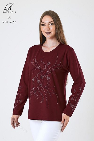 Ravencia Women's Middle Age and Above Viscose New Coating Pattern Stone Embroidered Lycra Burgundy Mother Combed Cotton Blouse
