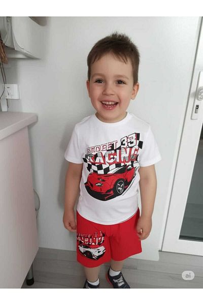 Store Red Car Printed Boys Short Sleeve Summer Suit T-Shirt Shorts Beach