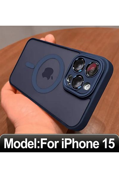 Choice جراب شحن لاسلكي مغناطيسي مقاوم للصدمات صلب لهاتف iPhone 15 أزرق داكن غير لامع