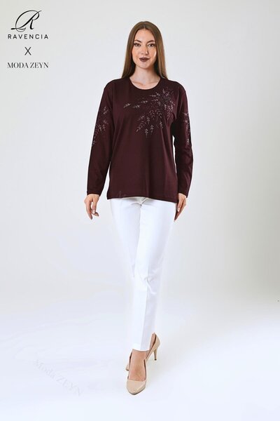 Ravencia Women's Middle Age and Above Viscose Flower Pattern Stone Embroidered Lycra Burgundy Mother Combed Cotton Blouse