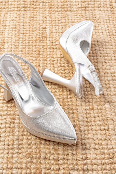 serkanseyyid B-2101 Срібні туфлі на підборах з відкритою п'ятою та зміїним візерунком