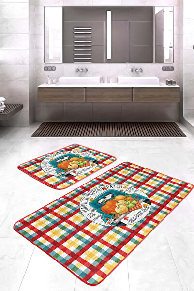 Realhomes Orange Pumpkin Patterned Red-Blue Checkered 2-Piece Non-Slip Base W...