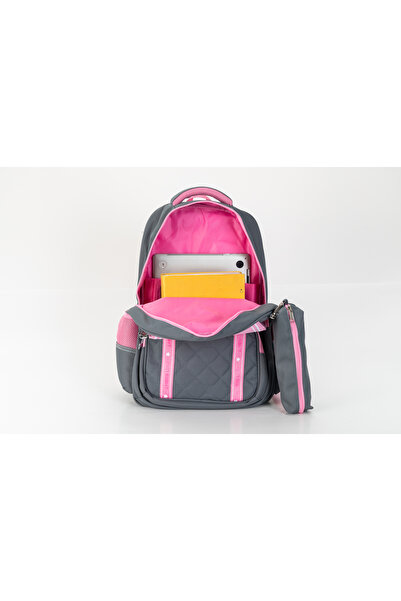 Generic Kids School Backpack With Pencil Pouch Grey/Pink