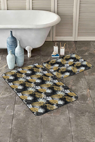 Realhomes Yellow Leaf Patterned 2-Piece Non-Slip Base Washable Bath Mat Set on Black and White