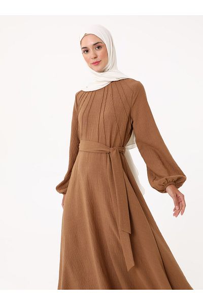 Refka Rochie Hijab cu aspect de in cu detaliu nervură - Maro deschis - Refka