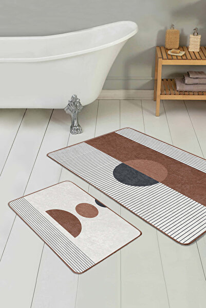 Realhomes مجموعة سجادة حمام مخططة هندسية باللونين البني والأبيض مكونة من قطعتين وقاعدة مضادة للانزلاق وقابلة للغسل