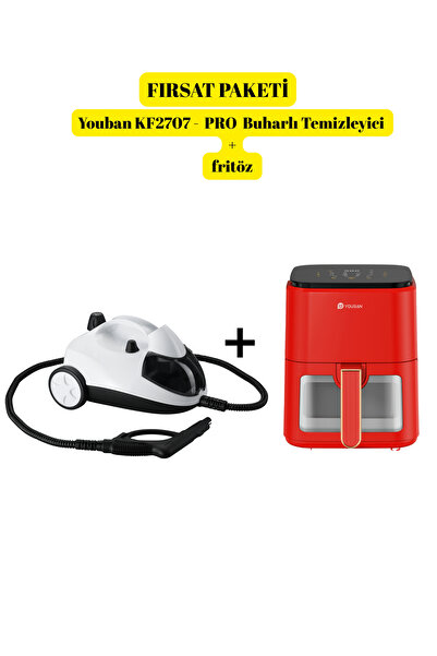 Youban Çok Fonksiyonlu Buharlı Temizlik Makinesi KF2707 + 3,5 Litre AirFryer Fritöz Kırmızı