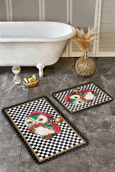 Realhomes مجموعة سجادة حمام قابلة للغسل ومضادة للانزلاق مكونة من قطعتين باللونين الأبيض والأسود مع شكل بومة