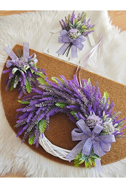 Serçeden Lavanta Çiçekli Bambu Çelenk Kapı Süsü -paspas-ahsap Anahtarlık Askısı 3 Parça Takım