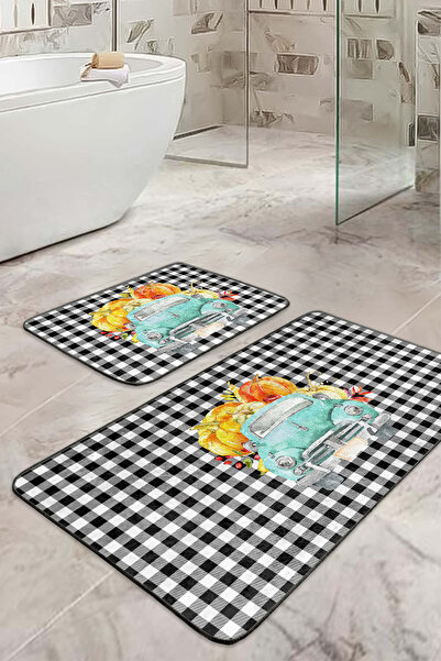 Realhomes Car and Pumpkin Patterned Black and White Checkered Set of 2 Non-Slip Base Washable Bath Mat Set