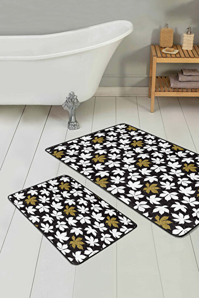 Realhomes Set of 2 Non-Slip Base Washable Bath Mats with White and Gold Leaf Pattern on Black Background