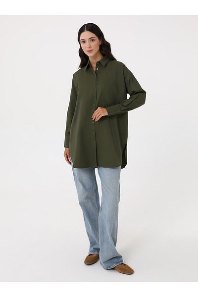 Benin Long Back Poplin Tunic with Pocket Detail - Khaki - Benin
