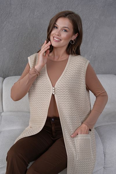 Lamierra Knitwear Openwork Mercerized Large Size Long Vest