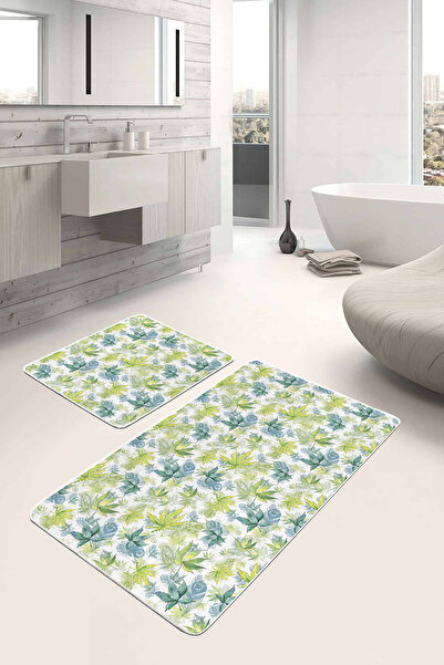 Realhomes Blue Green Autumn Leaves Digital Printed 2-Piece Non-Slip Base Bath...