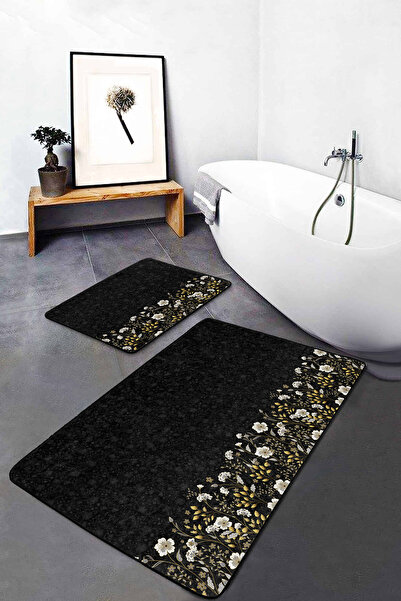 Realhomes طقم سجادة أرضية للحمام والمطبخ مكون من قطعتين مطبوع عليها زهور ذهبي...