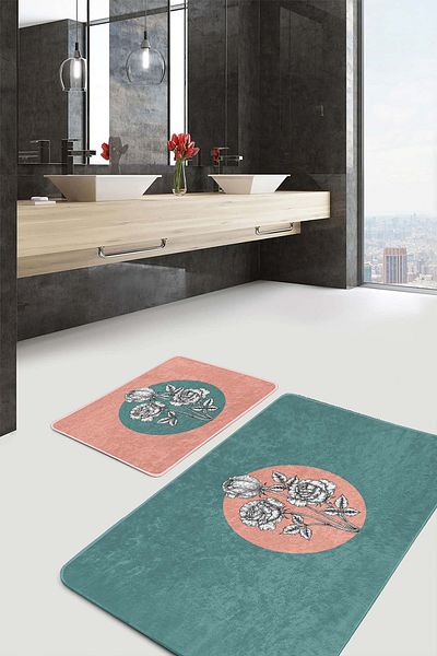 Realhomes Pink-Green Circle Inside Black and White Floral Washable 2-Piece Non-Slip Base Bathroom Mat Set