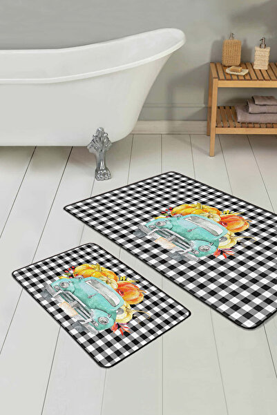 Realhomes Car and Pumpkin Patterned Black and White Checkered Set of 2 Non-Slip Base Washable Bath Mat Set