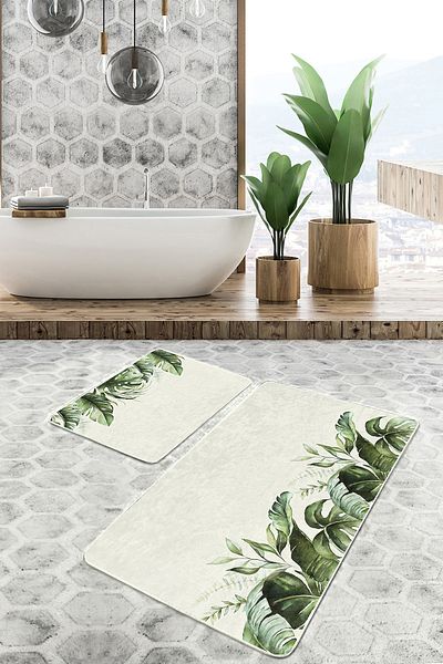 Realhomes Tropical Green Leaf Patterned 2-Piece Bath Mat Set