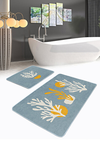 Realhomes طقم سجادة مطبخ مكون من قطعتين بتصميم موس ذو أرضية زرقاء ومجموعة سجا...