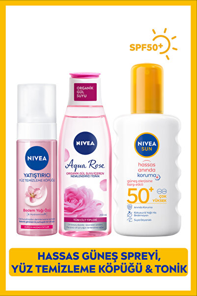NIVEA Sun Anında Güneş Koruyucu Vücut Spreyi Spf50 200ml, Yüz Temizleme Köpüğü, Tonik 200ml, Hassas Cilt