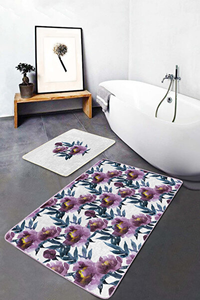 Realhomes مجموعة من قطعتين من سجادة الحمام القابلة للغسل بنمط أوراق الزهور الأرجوانية وقاعدة غير قابلة للانزلاق