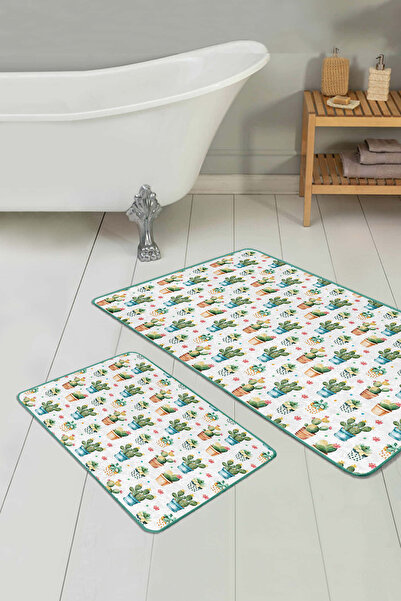 Realhomes Cactus Patterned Green Blue Colored 2-Piece Non-Slip Base Washable Bath Mat Set