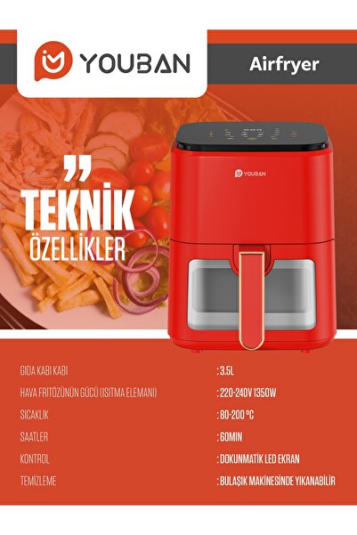 Youban Çok Fonksiyonlu Buharlı Temizlik Makinesi KF2707 + 3,5 Litre AirFryer Fritöz Kırmızı