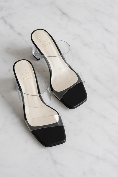 Nstil Daily Black Women's Slippers Transparent Double Stripe Banded Thick Transparent Heeled Evening Dress Shoes 105