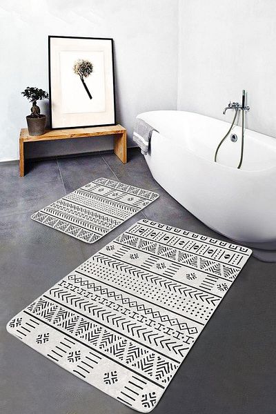Realhomes Ethnic Patterned Black and White 2-Piece Non-Slip Base Washable Bath Mat Set