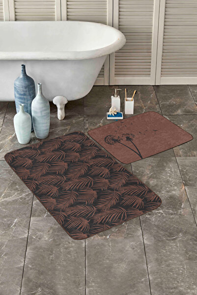 Realhomes طقم سجادة مطبخ مكون من قطعتين من الريش الناعم باللون الأسود والبني ومجموعة سجادة الحمام