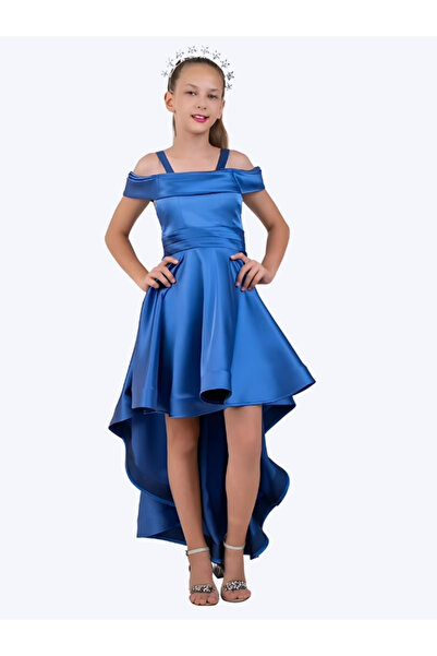 modallita Kız Çocuk Abiye Petrol Mavisi Saten Askılı Omuz Detaylı Kuyruklu Ab...