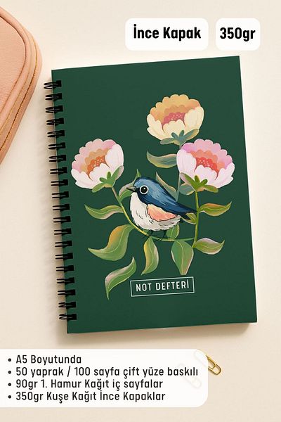 Eldesen Tasarım A5 Spiral Bound Unlined School Notebook, 50 Sheets 100 Pages, Cardboard Cover Notepad, Green Bird