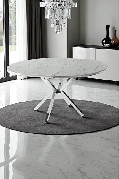 fursimo Arhor Serisi Beyaz Mermer Desen Krom Ayak Açılır Oval Yemek Masası (Q100 → Q134)
