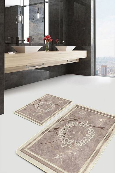 Realhomes Set of 2 Brown Framed Motif Marble Vintage Simple & Stylish 2-Piece Bathroom Mat Set