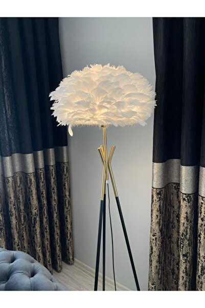 Onedekor Gerçek Kuş Tüyü Tripod Lambader Gold Beyaz