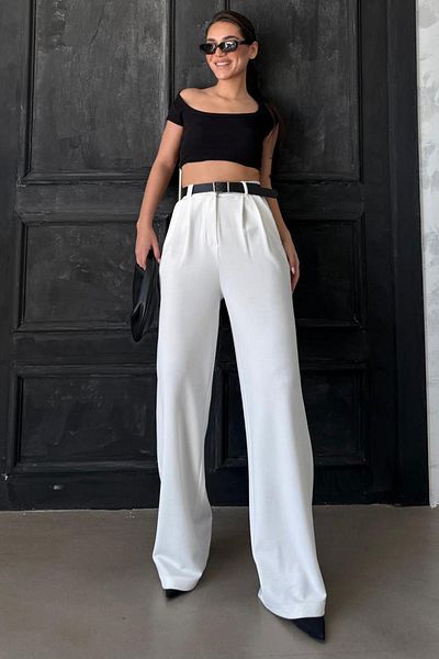 Madmext White Double Pleated Belted Trousers Mg2330
