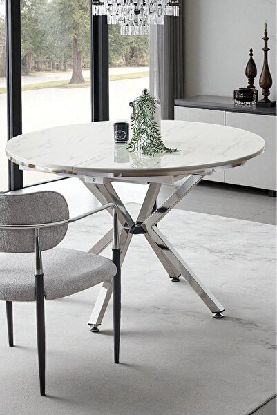 fursimo Arhor Serisi Beyaz Mermer Desen Krom Ayak Açılır Oval Yemek Masası (Q100 → Q134)