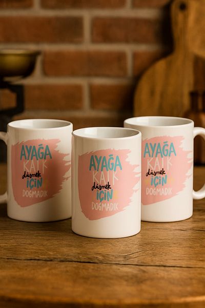 çokaş Pack of 3 Motivational Text Printed Porcelain Mug