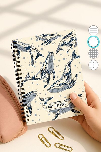 Eldesen Tasarım A5 Spiral Bound Unlined School Notebook, 50 Sheets 100 Pages, Cardboard Cover Notepad, Whales