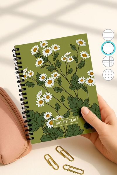 Eldesen Tasarım A5 Spiral Unlined School Notebook, 50 Sheets 100 Pages, Cardboard Cover Notepad, Green Daisy