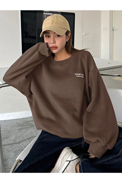CLAYES Women's Brown Stagger Oversize Sweatshirt