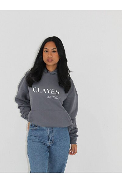 CLAYES Studio Co. - Антрацитовий принт, капюшон з підкладкою, оверсайз зимовий світшот, 100% бавовна
