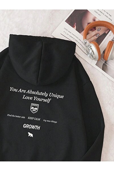 DUBU BUTİK Φούτερ Growth Keep Calm - Μαύρη στάμπα, χοντρή χειμερινή κουκούλα