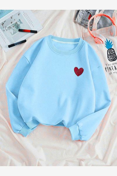 DUBU BUTİK Baby Blue Red Minimal Heart Printed Sweatshirt - Thick Winter Crew Neck