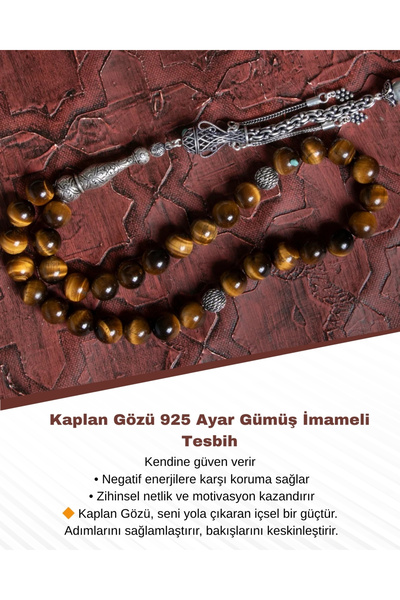 Saff Doğal Taş Sertifikalı Kaplan Gözü 10 mm 925 Ayar Gümüş İmameli Püsküllü ...