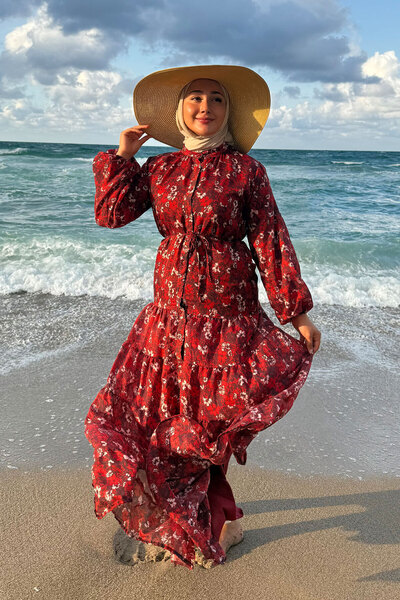 LOCCO Kadın Çiçek Desen Elbise Bordo