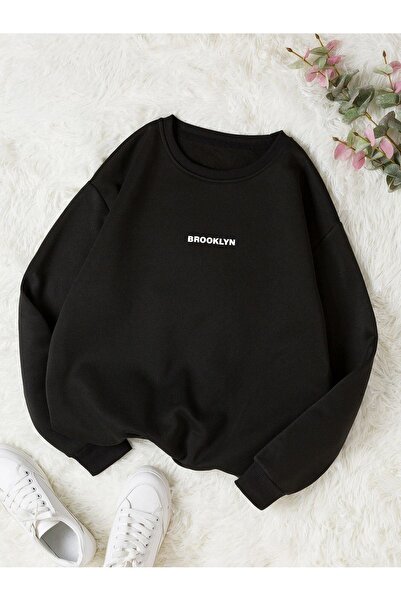 DUBU BUTİK Hanorac Brooklyn Minimal - Negru Imprimat Oversize Gros Iarnă Crew...
