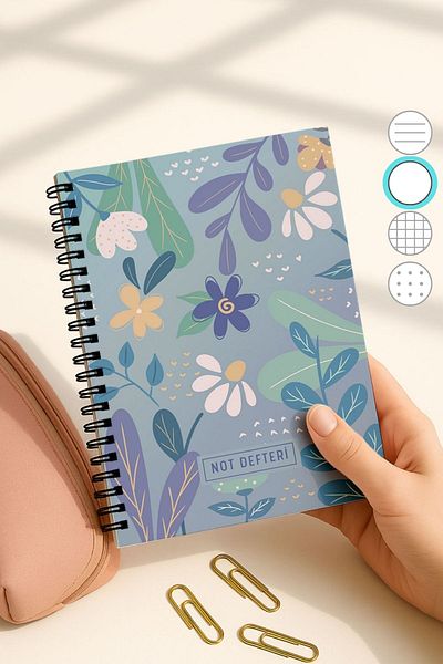 Eldesen Tasarım A5 Spiral Bound Unlined School Notebook, 50 Sheets 100 Pages, Cardboard Cover Notepad, Blue Daisy