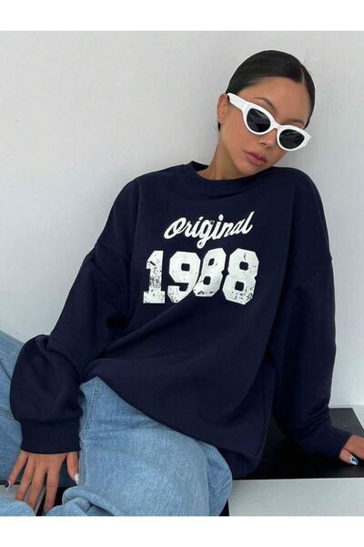 CLAYES Оригінальний світшот 1988 року - темно-синій принтований товстий зимовий екіпаж з великою горловиною